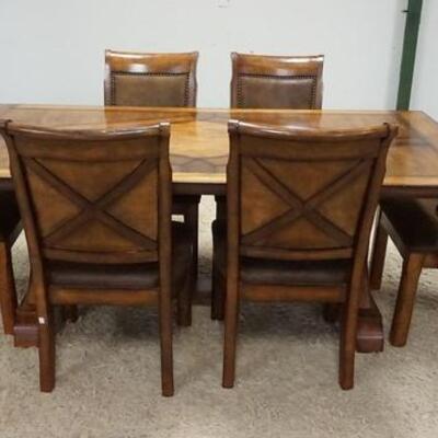 1101	FRENCH COUNTRY STYLE DINING TABLE W/ 6 CHAIRS & TWO LEAVES. 82 IN X 44 IN, 30 IN H. LEAVES ARE 14 IN WIDE
