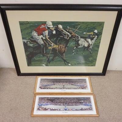 1308	3 PIECE SPORTS ARTWORK, SIGNED LARGE POLO PRINT-48 IN X 36 1/2 IN INCLUDING FRAME & 2 US OPEN TENNIS PHOTOS

