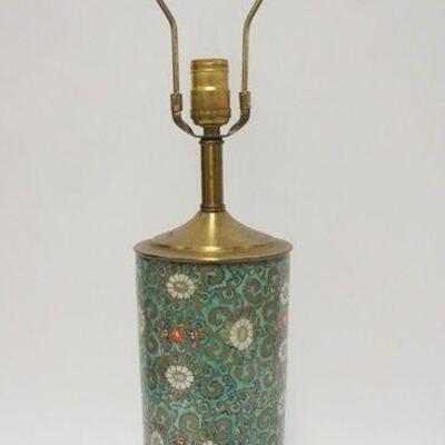 1007	CYLINDRICAL PORCELAIN LAMP W/FLOWERS & SCROLLS, HAS WOODEN BASE, CORD CUT, 29 1/4 IN HIGH
