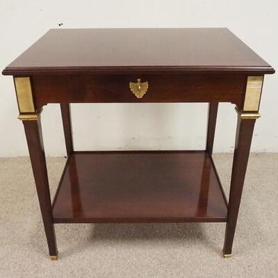 1024	ONE DRAWER MAHOGANY STAND W/BRASS TRIM, HAS A BOTTOM SHELF, 27 1/2 IN WIDE X 20 IN DEEP X 29 IN HIGH
