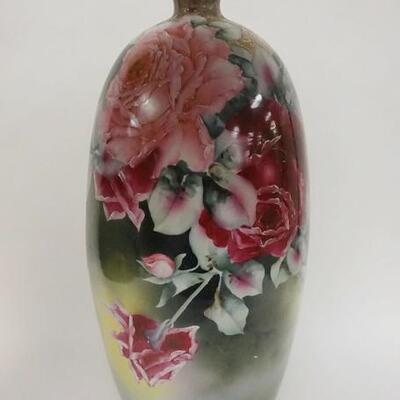 1004	MASSIVE HAND PAINTED PORCELAIN VASE, HAS FLORAL PATTERN, GOLD TRIM TOP & BOTTOM, 24 1/2 IN HIGH

