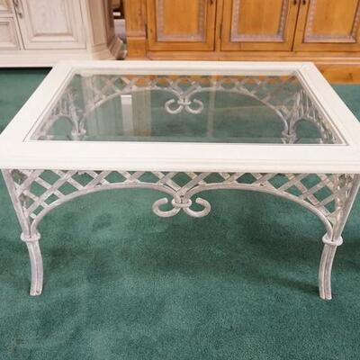 1050	BEVELED GLASS INSET OCCASIONAL TABLE WITH LATTICE WORK METAL TABLE BASE, 32 IN X 23 IN X 17 IN HIGH
