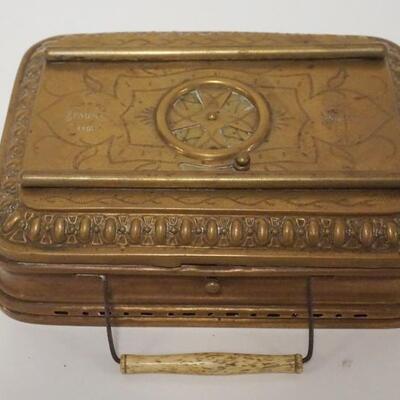 1010	FRENCH ENGRAVED BRASS WARMING BOX, GIRODON & MONTEL, LYON *STOKER* BREVETE FRANCE, VENTED TOP, 7 1/2 IN X 5 1/2 IN X 2 3/4 IN HIGH
