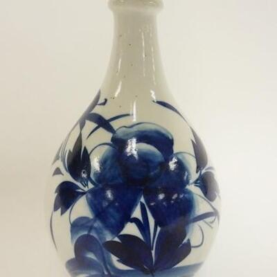 1012	BLUE & WHITE ASIAN VASE, FLORAL, UNMARKED, 10 IN HIGH
