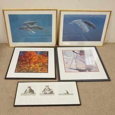 1309	5 PIECE FRAMED ARTWORK, WHALES, CAT, ETC, WHALE PRINTS ARE 27 IN X 21 IN INCLUDING FRAMES, LEAF PHOTO BY ADAM J TARGON
