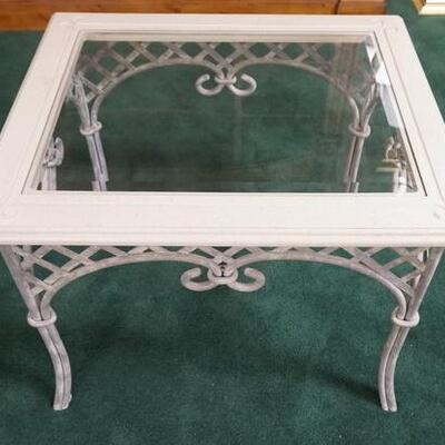 1051	BEVELED GLASS INSET OCCASIONAL TABLE WITH LATTICE WORK METAL TABLE BASE, 27 IN X 22 IN X 22 IN HIGH
