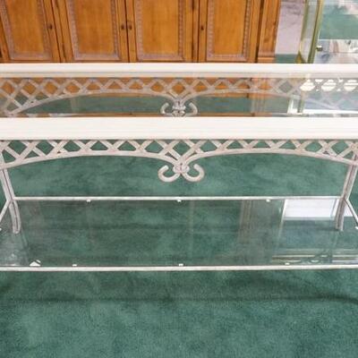 1052	BEVELED GLASS INSET SOFA TABLE WITH LATTICE WORK METAL TABLE BASE, 54 IN X 18 IN X 27 IN HIGH
