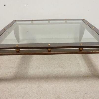 1039	GLASS INSET COCKTAIL COFFEE TABLE ON METAL AND EXOTIC WOOD BASE, 54 IN SQUARE X 17 1/2 IN HIGH
