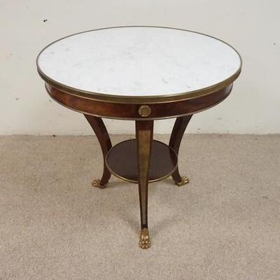 1040	INSET MARBLE TOP TABLE WITH BRONZE TRIM AND HEAVY CAST DETAILED BRONZE PAW FEET, 29 IN X 29 IN
