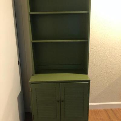 Cute cottage-style painted cabinet shelf. Top piece comes off for easier transport.  29" x 74" x 17"
