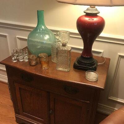 Antique Occasional Table, Blown Aqua Glass Bottle, Glass Decanters