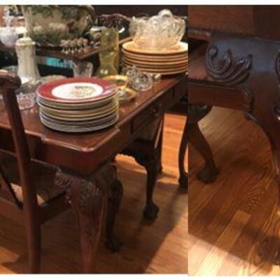 Large Carved Mahogany Dining Table with Two Leaves