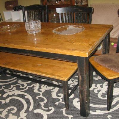 DISTRESSED STYLE TABLE WITH 4 CHAIRS AND 1 BENCH SEAT  BUY IT NOW $ 595.00