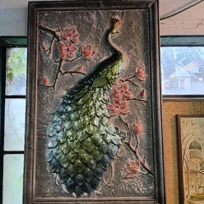 Large Hanging Metal Picture of a Peacock and Flowers