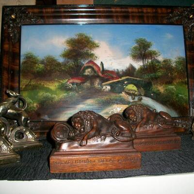 Reverse glass painted scene & bookends
