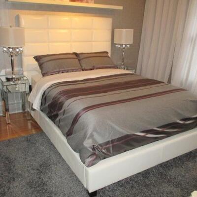 White Pleather Queen Bed Frame ~ 2 Mirrored Night Stands Pair ~ of Chrome Hanging Crystal Lamps ~ Grey Area Rug 9 x 11  