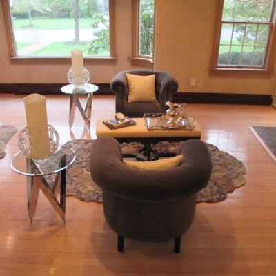 Pair Of Chrome & Glass Round Stylish End Tables ~ Lovely Barrel Style Pair Of Accent Chairs ~ Rugs 
