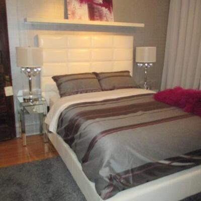 White Pleather Queen Bed Frame ~ 2 Mirrored Night Stands Pair ~ of Chrome Hanging Crystal Lamps ~ Grey Area Rug 9 x 11 ~ With Bedding   