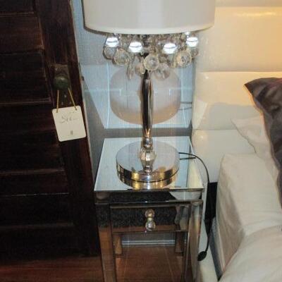 Lovely Pair Of Mirrored Night Stands With Chrome Crystal Hanging Lamps  
