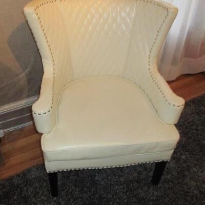 White Leather Style Tufted Wing Chair  