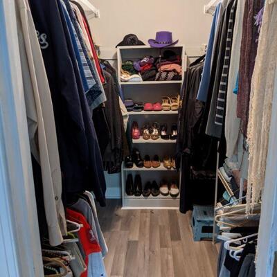 closet full of nice ladies clothes, shoes,scarves etc and men's size 3X clothing