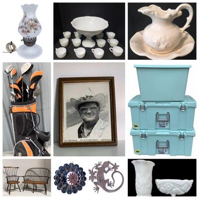 Jewelry, Signed Willie NelsonÂ & Bum PhillipsÂ Photographs, Artwork, Pyrex, Golf Clubs, Area Rugs, Carnival Ware, Milk Glass, Collectable...