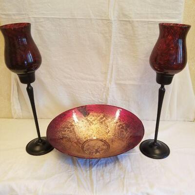 2 tall red goblets & red & gold glass bowl