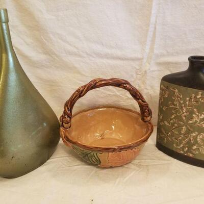 Green & brown vases & bowl