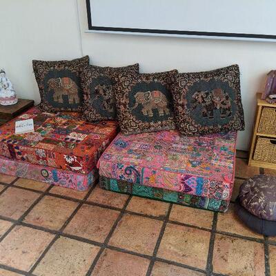 Hand made Rajasthani Divan and Pillows - seating made by gypsy women with village wedding dresses.