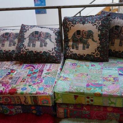 Hand made Rajasthani Divan and Pillows - seating made by gypsy women with village wedding dresses.