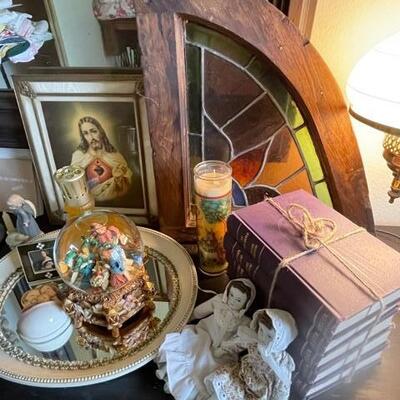 Sacred Heart of Jesus and other Catholic sacramentals, stain glass
