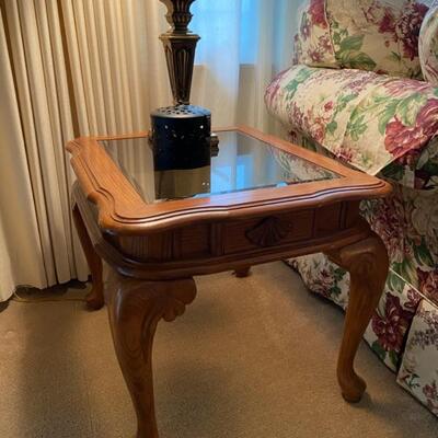 Master Home Furniture Co. Carved Wood w/Beveled Glass Insert End Table x 2 - $40 each - 22" Wide x 26" Deep x 20" High