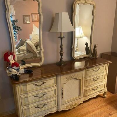 Vintage Stanley Furniture French Provincial Canary Yellow Double Mirror 9-Draw Dresser - $360 - 73" Long x 20" Deep x 33"...