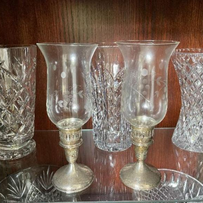 Rogers & Son sterling based pair of candle holders with etched glass hurricane lamps
