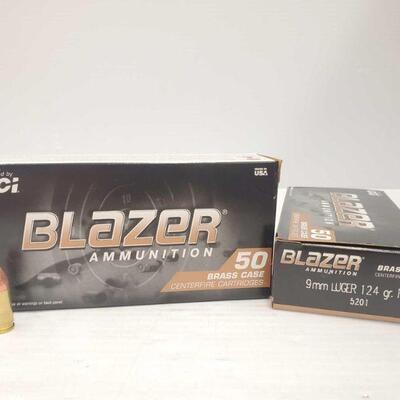 94	

New in Box 100 Rounds of Blazer 9mm Luger 124Gr FMJ
New in Box 100 Rounds of Blazer 9mm Luger 124Gr FMJ