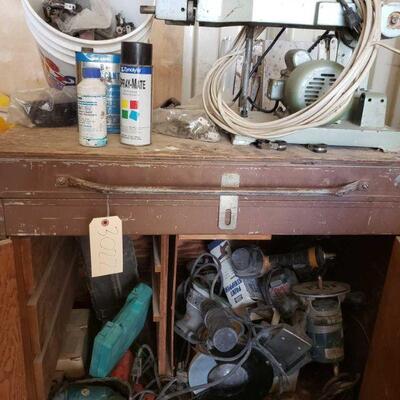 
#6050 â€¢ Rolling Cabinet with Belt sander, router, electric sander, and more