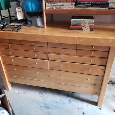 #4502 â€¢ Wooden Work Bench with Drawers with Bullets amd Misc Items