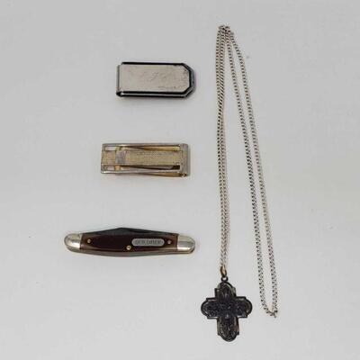 #8342 â€¢ Money Clips, Necklace, and a Small Pocket Knife
