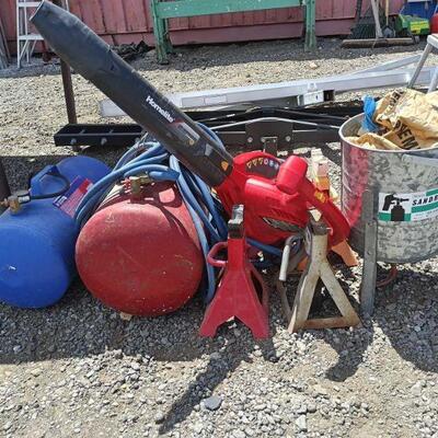 80010	

2 Air tanks and miscellaneous items
2 air tanks, air hoes, 4 jack stands , leaf blower and sand blaster sand in can.