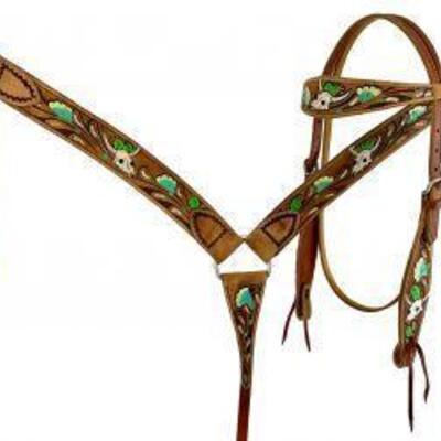 140	
Showman Â® Hand painted skull, flower and cactus headstall and breast collar set