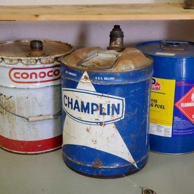 2624 â€¢ Three 5 Gallon Oil Cans Conoco, Champlin, And VP Racing