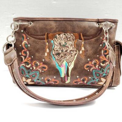 166: Chocolate brown PU leather conceal carry handbag with embroidered ornate steer head.