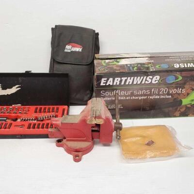 
#8186 â€¢ Cordless Blower, Air Hawk Pro, Bench Vise, Tool Set, and More
