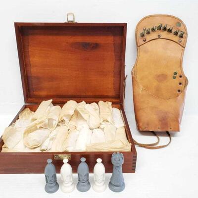#8164 â€¢ Vintage Leather Arrow Quiver And Chest Full Of Chess Pieces