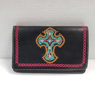 184: Black PU leather embroidered cross crossbody bag. 