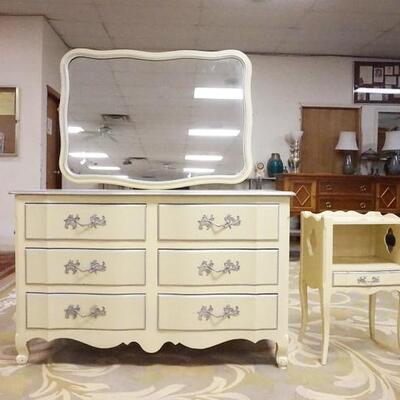 1054	FRENCH PROVINCIAL BEDROOM FURNITURE, 6 DRAWER CHEST W/MIRROR & NIGHTSTAND, CHEST IS 55 IN WIDE X 22 IN
