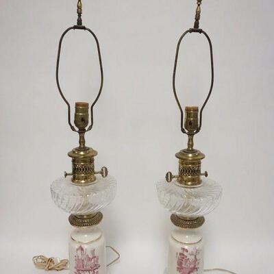 1066	PAIR OF TABLE LAMPS STYLED AFTER KEROSENE LAMPS W/VICTORIAN SCENES AT BASE, 33 IN HIGH

