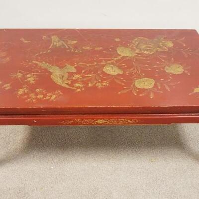 1255	RED LACQUER HAND PAINTED COFFEE TABLE, DECORATED W/BIRDS & FLOWERS, 28 3/4 IN X 48 IN X 17 IN HIGH
