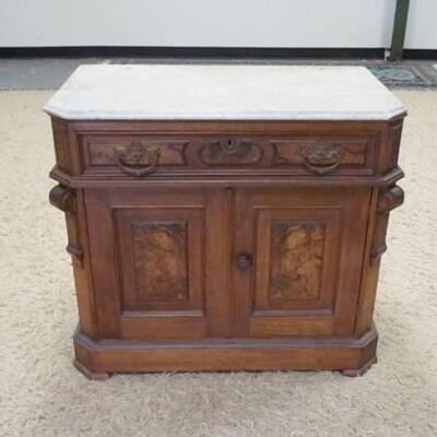1131	VICTORIAN MABLE TOP WASH STAND W/BURL PANELED DOORS & DRAWER, SPLASH MISSING, 34 1/2 IN X 19 IN X 30 IN HIGH
