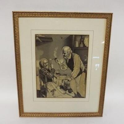1194	ANTIQUE FRAMED STEPHENGRAPH COMICAL OLD MAN TRYING TO GET HIS WIFE TO SMOKE HIS PIPE W/ON LOOKING CHILD, 7 1/4 IN X 9 1/2 IN IMAGE
